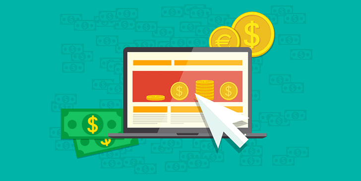 mockup of business web page with paper bills and coins