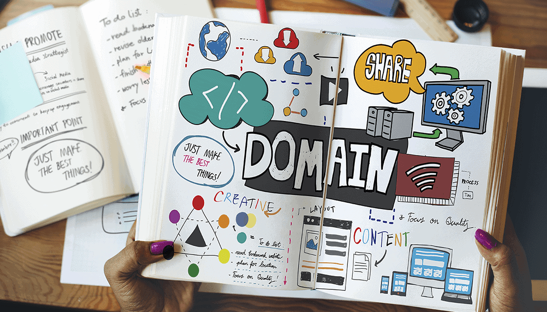 Understanding the structure of a domain name - a notebook with full of ideas and process for domain, creatives, layout and content